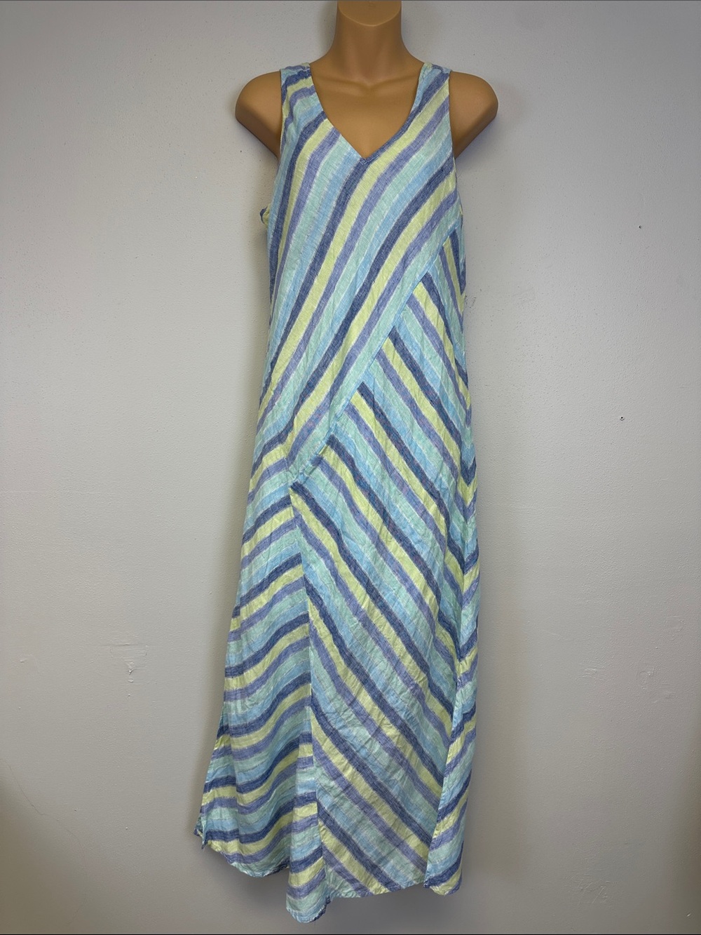 J. Jill Sleeveless V-Neck Striped Linen Maxi Dress in Light Blue and Yellow
